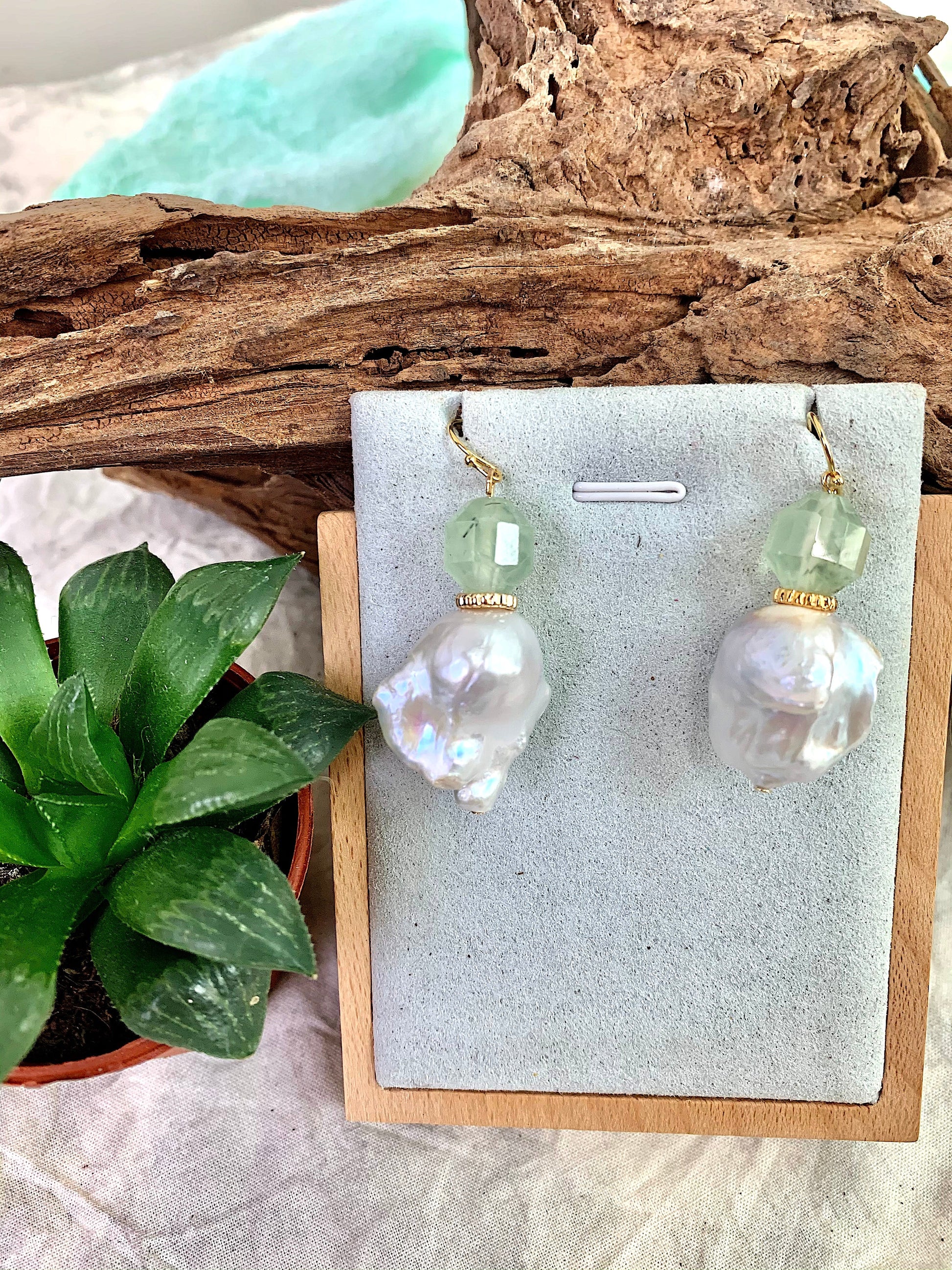 Prehnite with Baroque Pearl Hook Earrings EE002 - FARRA