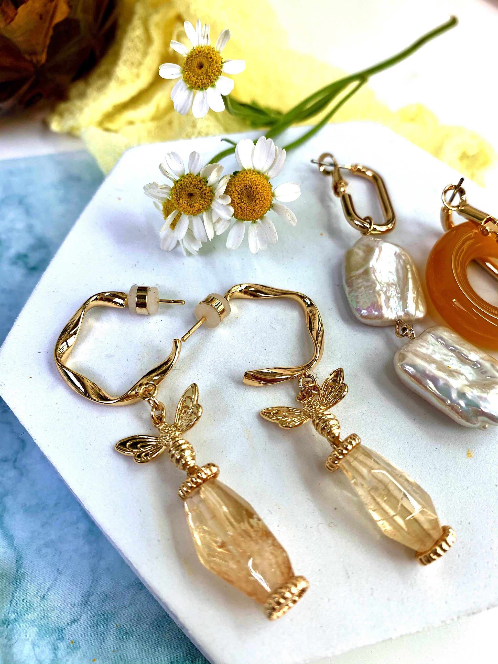 Citrine With Bee Charm Hook Earrings EE044 - FARRA