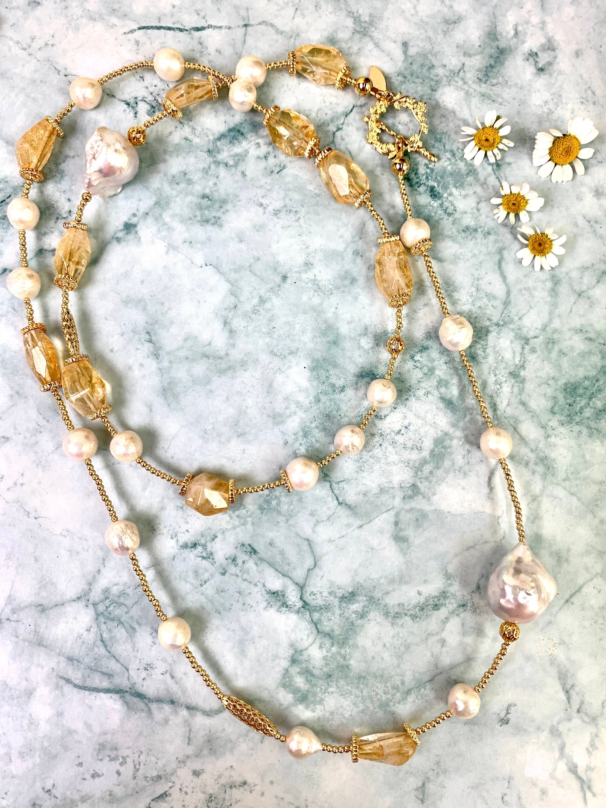 Citrine With Baroque Freshwater Pearl Long Necklace EN046 - FARRA
