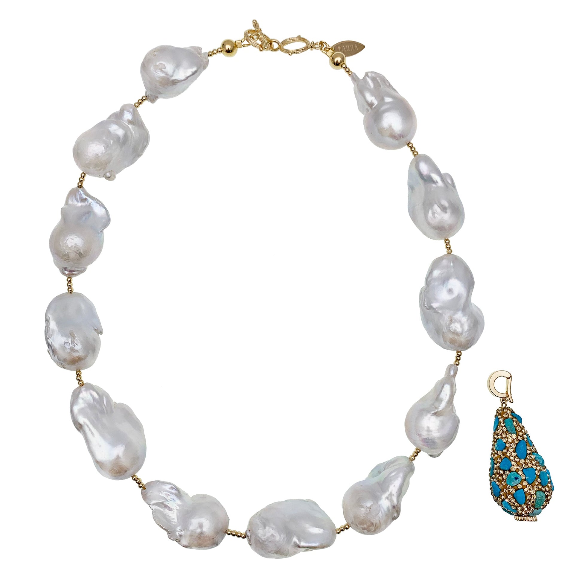 Baroque Pearls With Rhinestone Bordered Turquoise Charm Necklace EN012 - FARRA