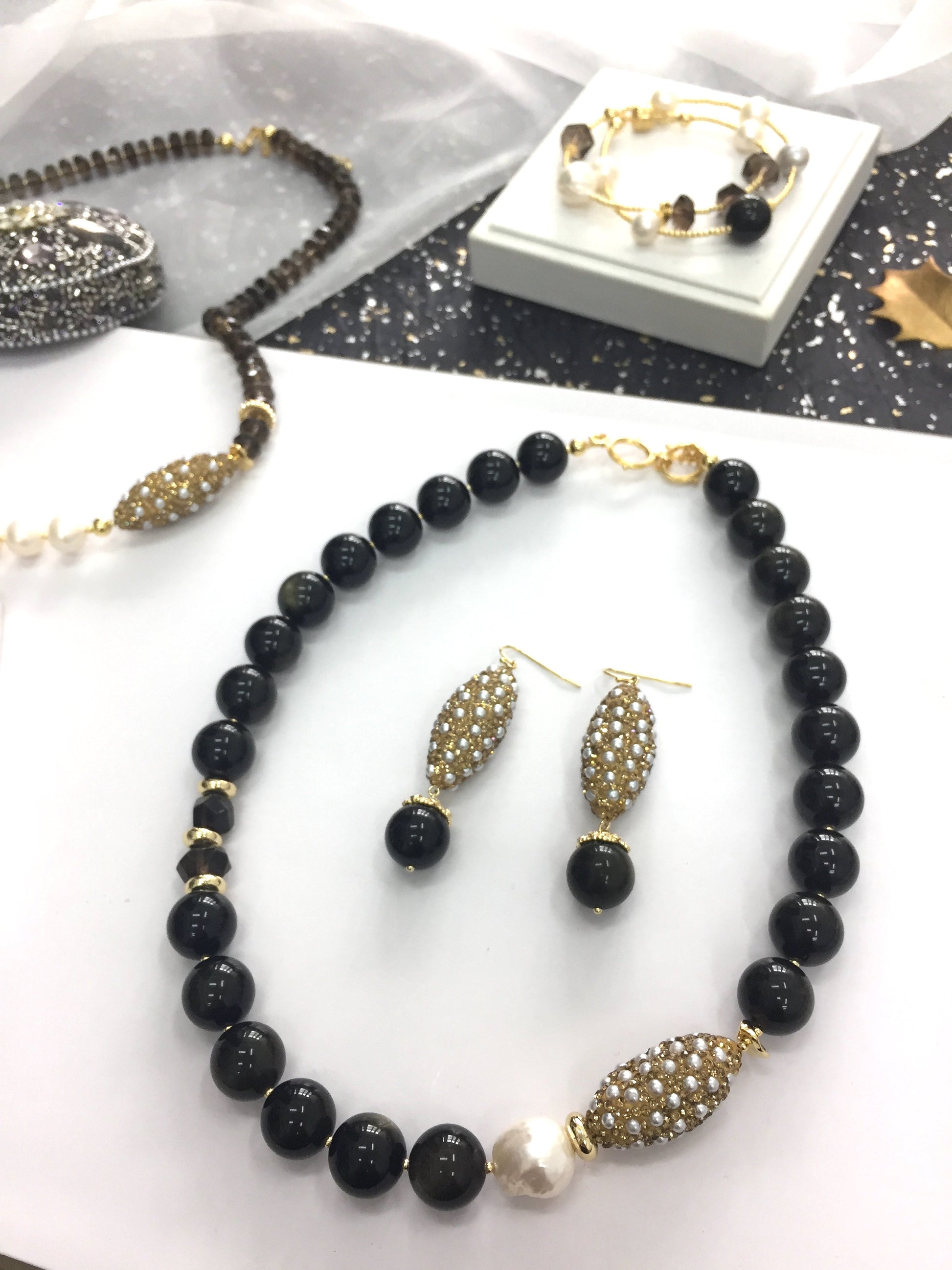Black Obsidian With Rhinestones Statement Earrings AE016 - FARRA
