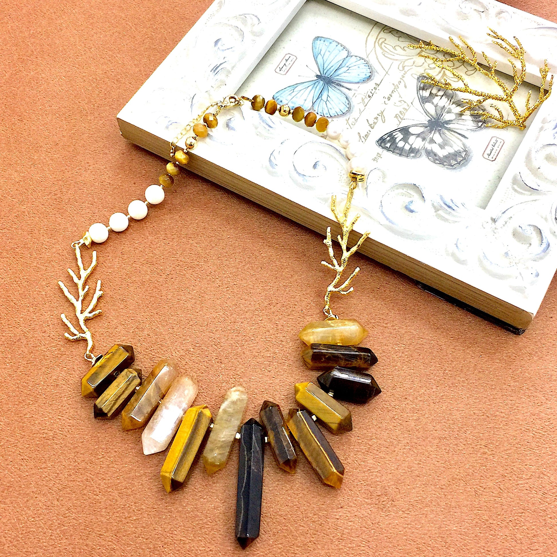 Tiger Eye and Freshwater Pearls Statement Necklace AN042 - FARRA