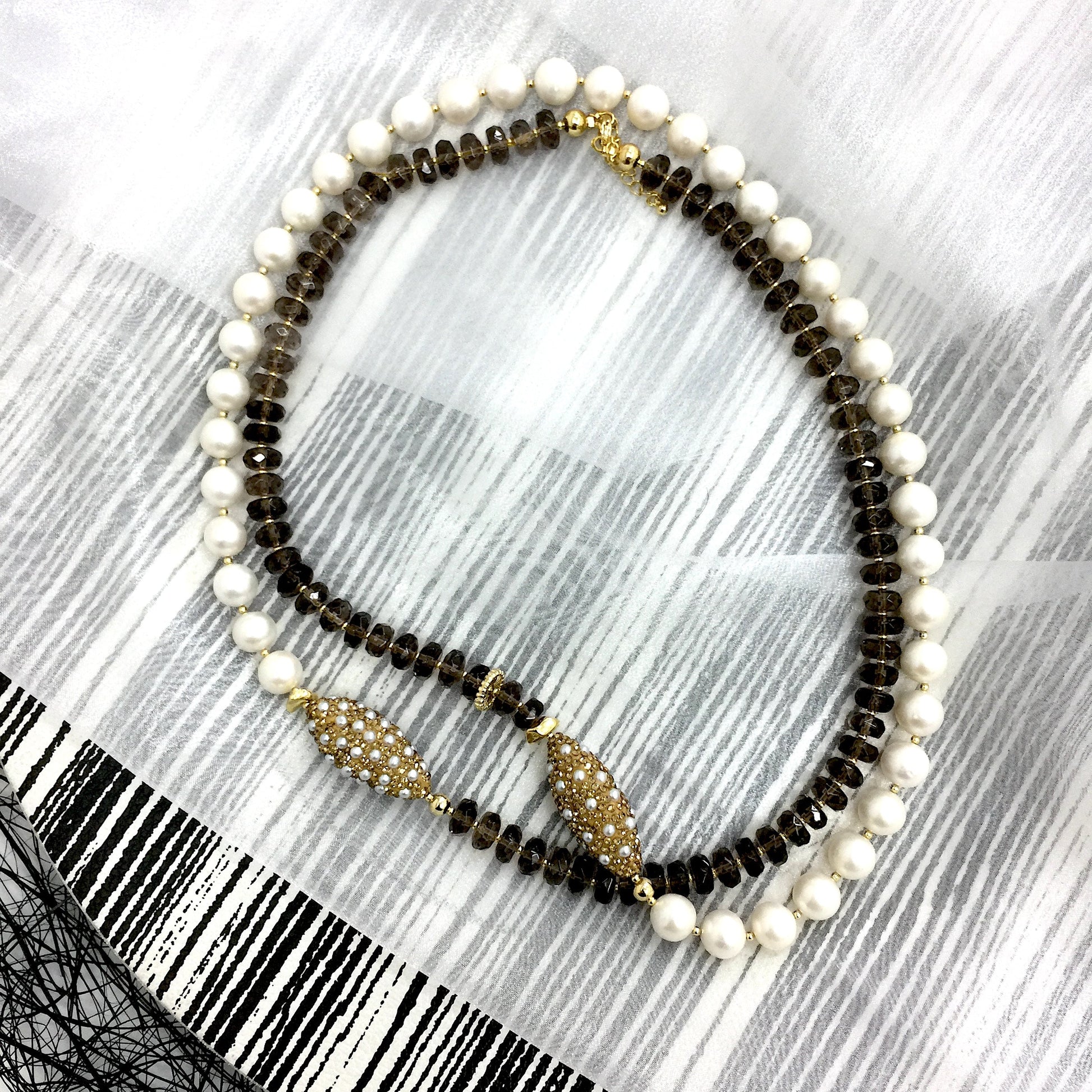 Smoky Quartz With Freshwater Pearls Multi-Way Necklace AN021 - FARRA