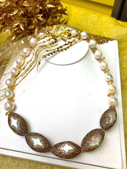 Irregular Freshwater Pearls with Rhinestone Statement Necklace FN033 - FARRA