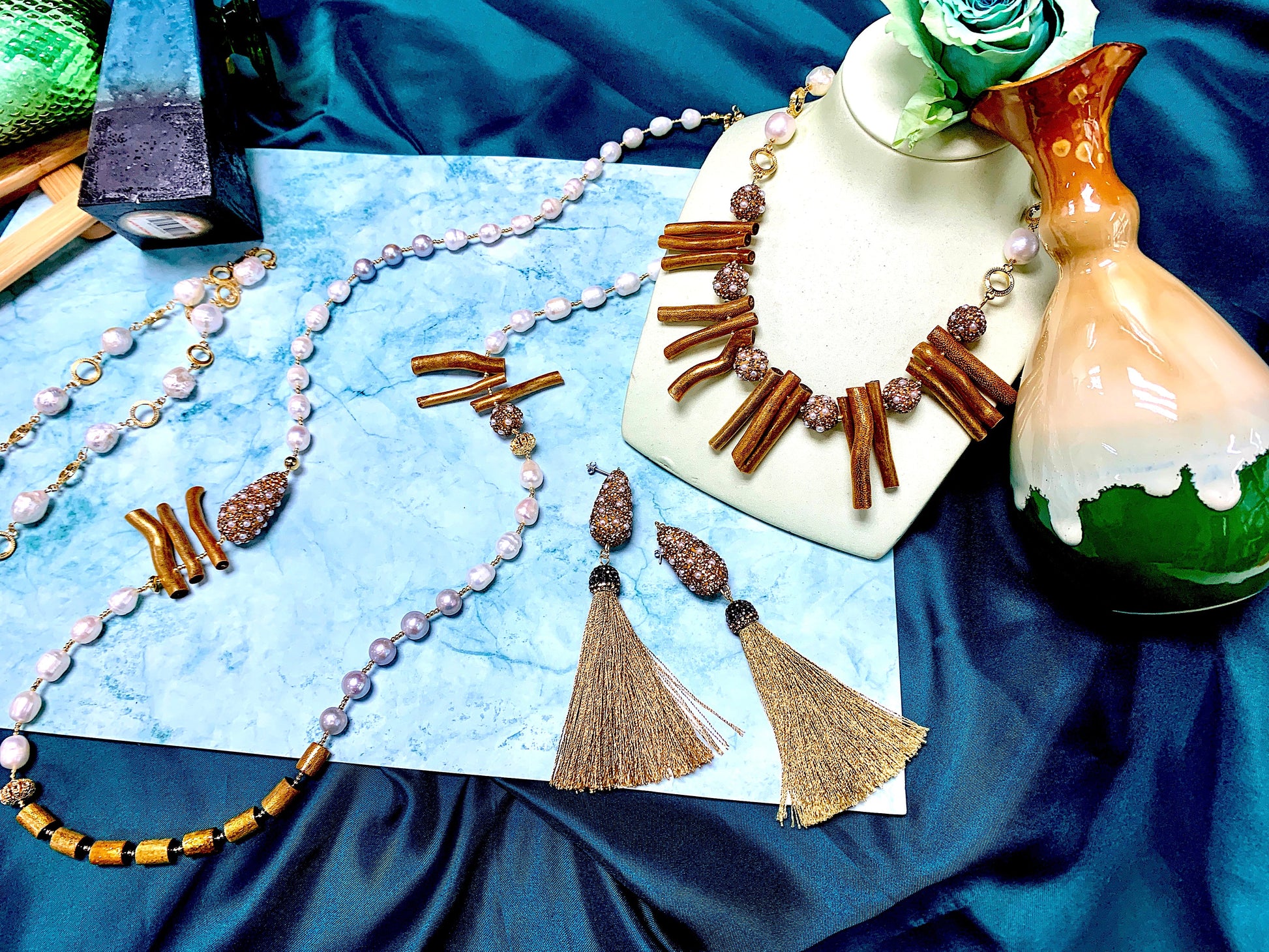 Golden Corals With Pearls Rhinestone Statement Necklace FN001 - FARRA