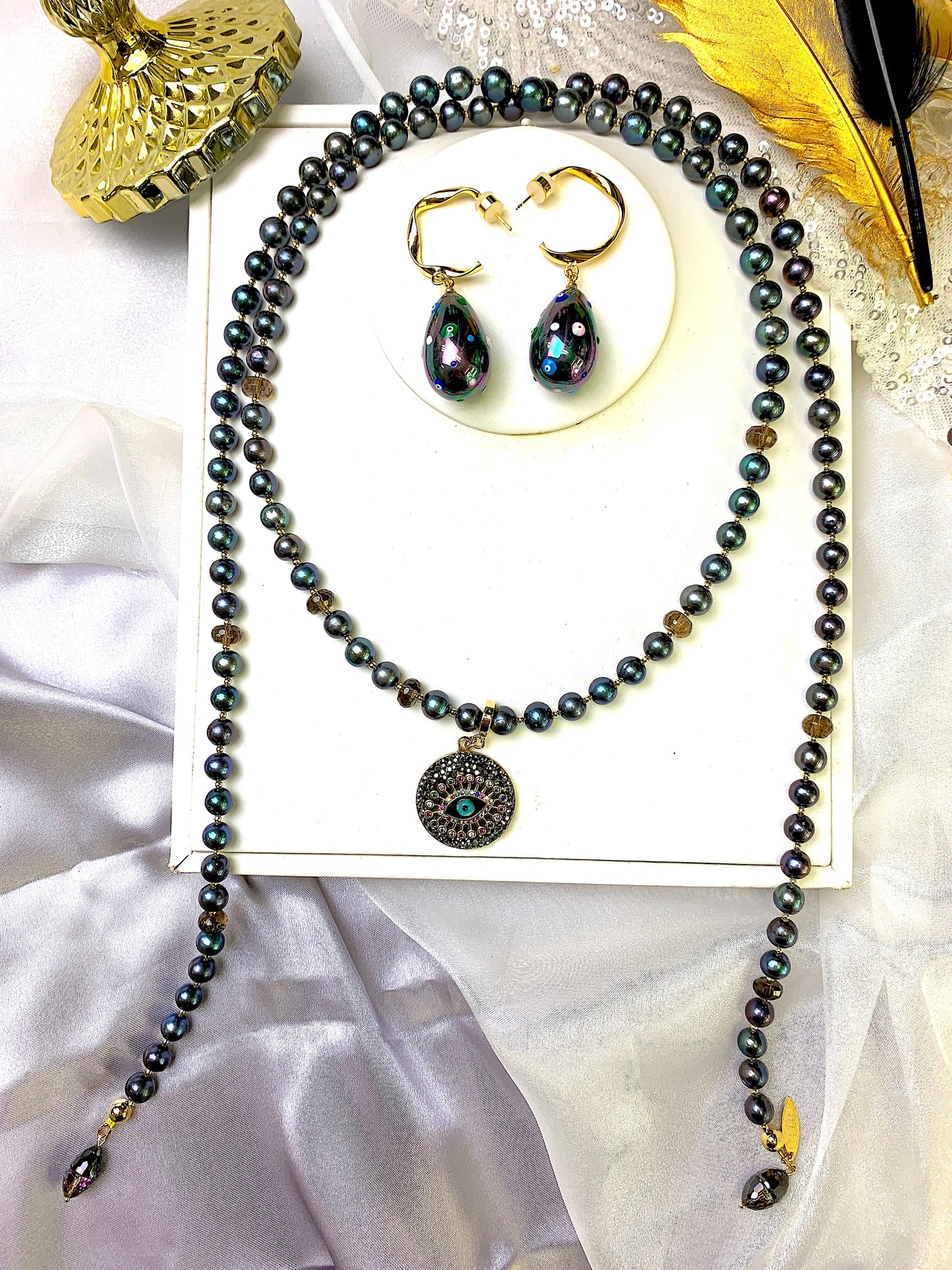 Black Pearls With Evil Eye Dangle Open Ended Necklace FN019 - FARRA