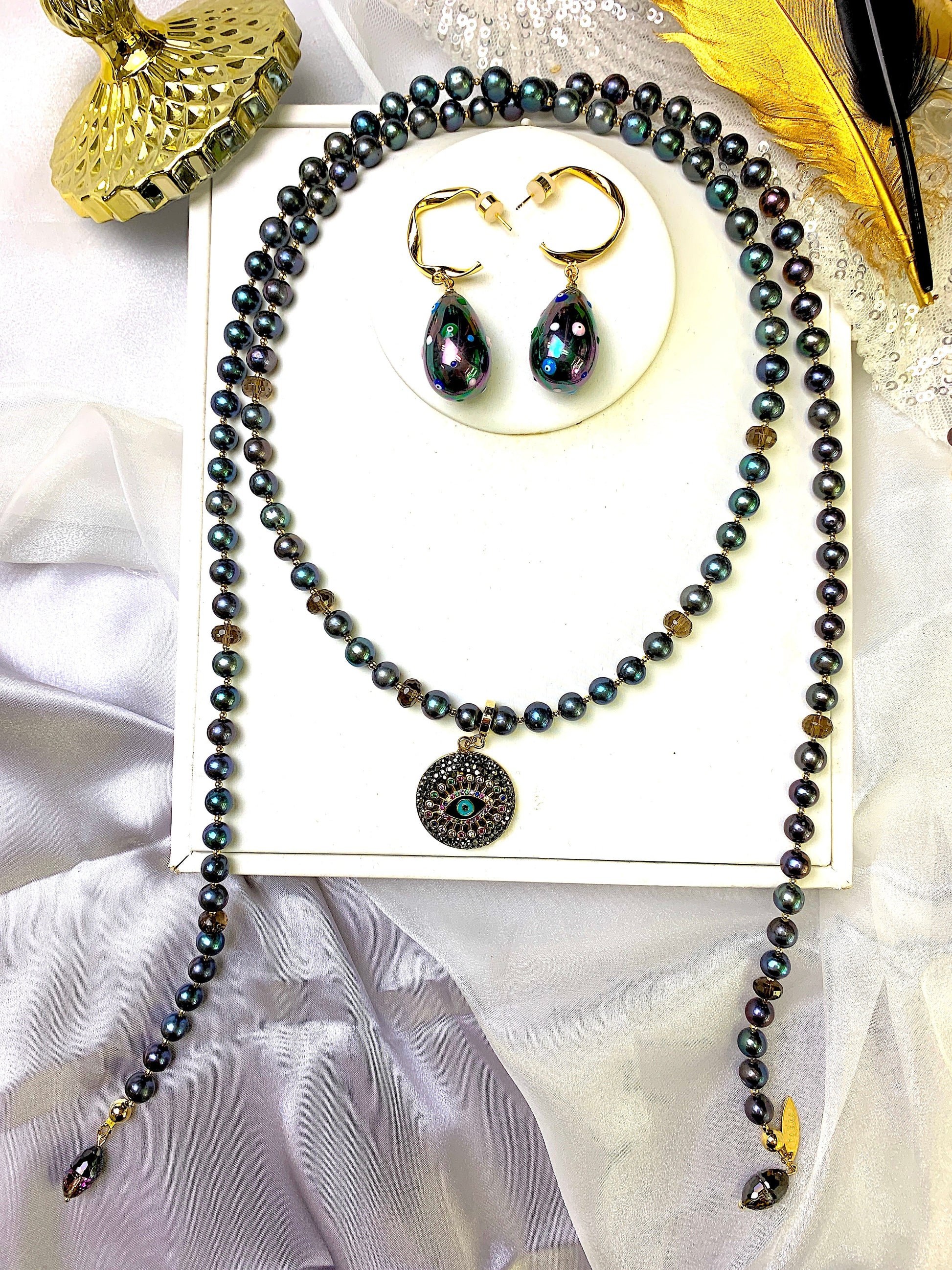 Black Pearls With Evil Eye Dangle Open Ended Necklace FN019 - FARRA