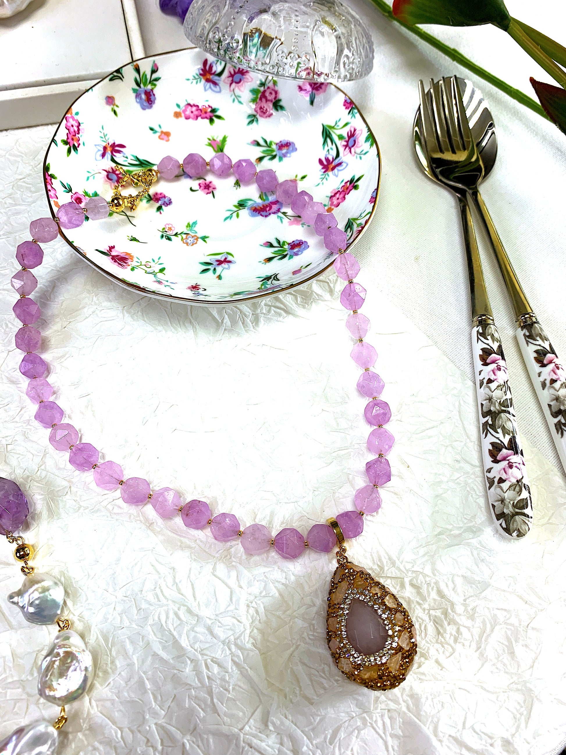 Amethyst With Removable Rhinestone Pendant Necklace FN014 - FARRA