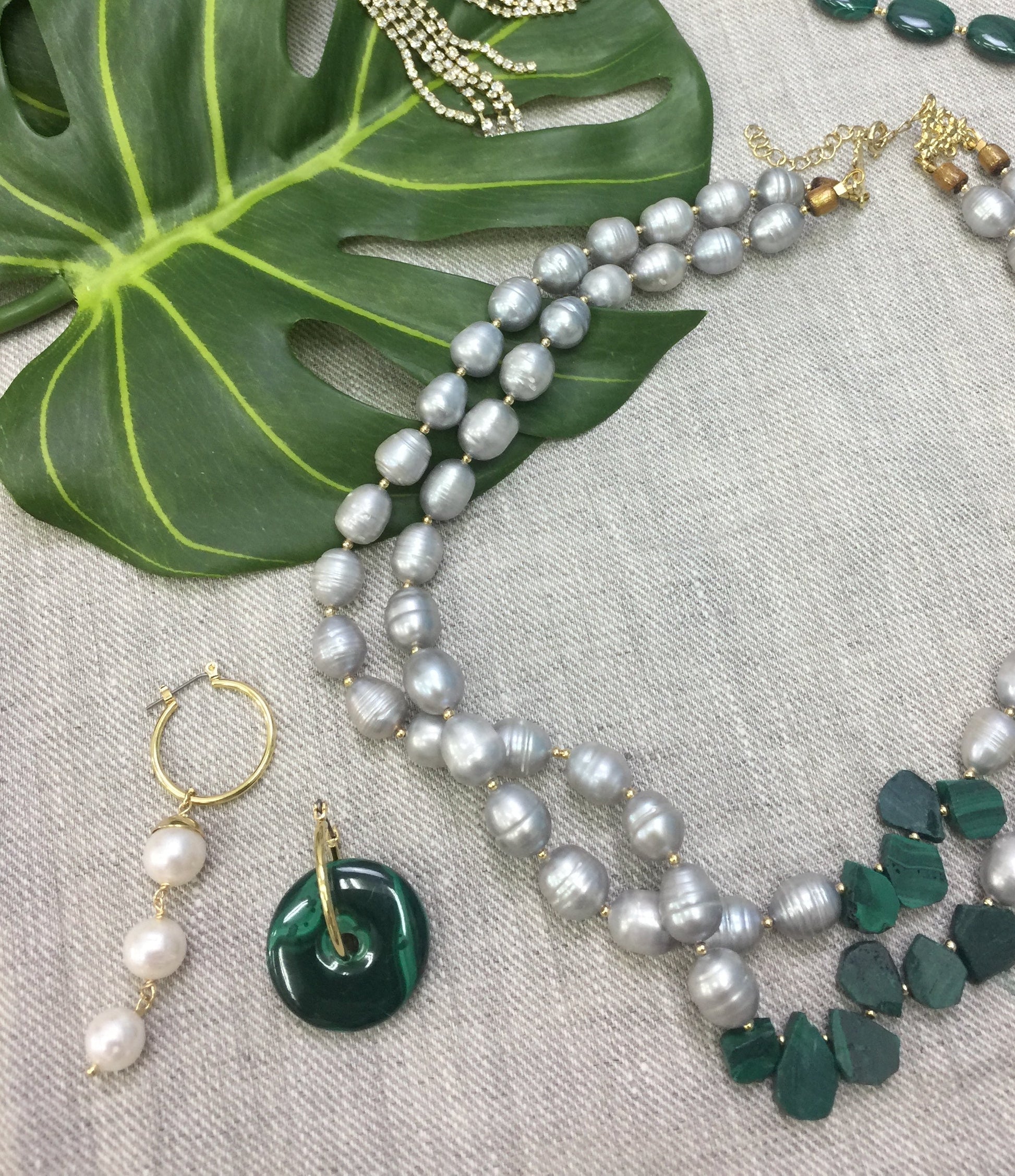 Donut Shaped Malachite & Freshwater Pearls Asymmetric Earrings CE033 - FARRA