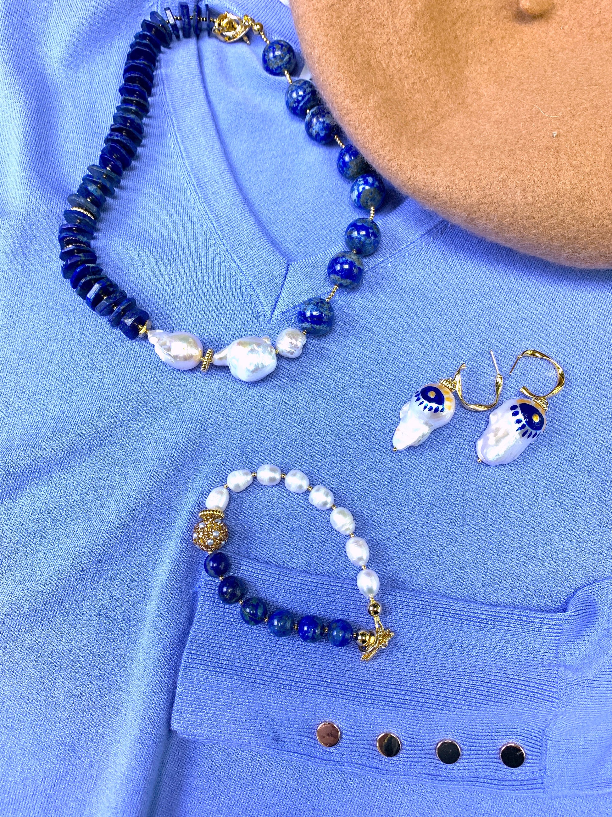 Freshwater Pearls With Lapis Color Blocking Bracelet FB001 - FARRA