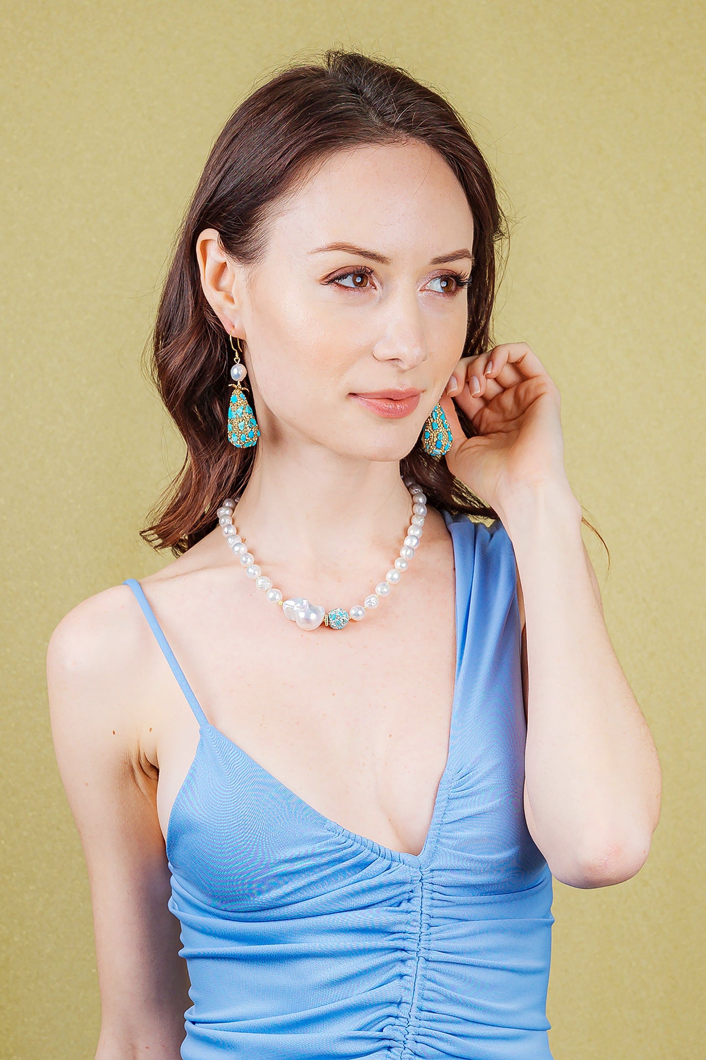 Freshwater Pearls With Baroque & Turquoise Short Necklace EN009 - FARRA