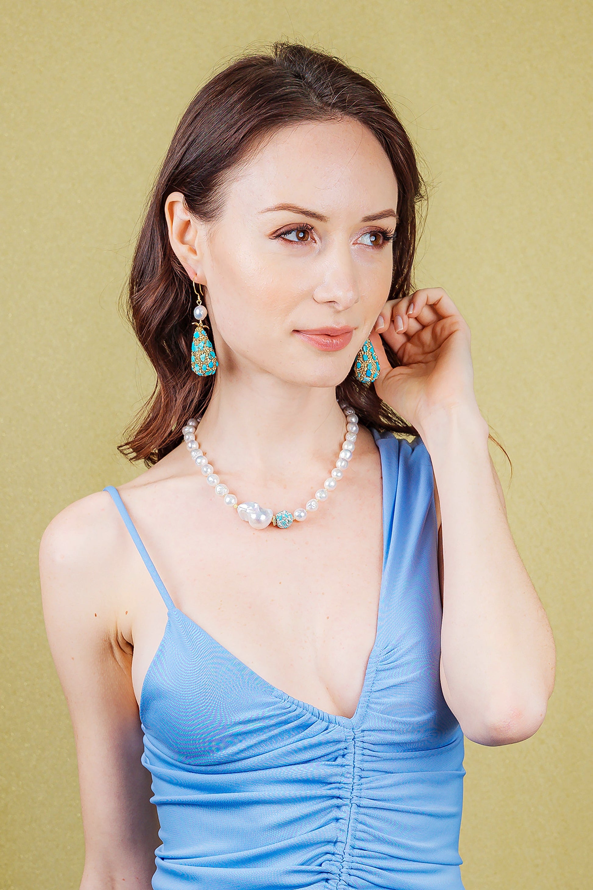 Freshwater Pearls With Baroque & Turquoise Short Necklace EN009 - FARRA