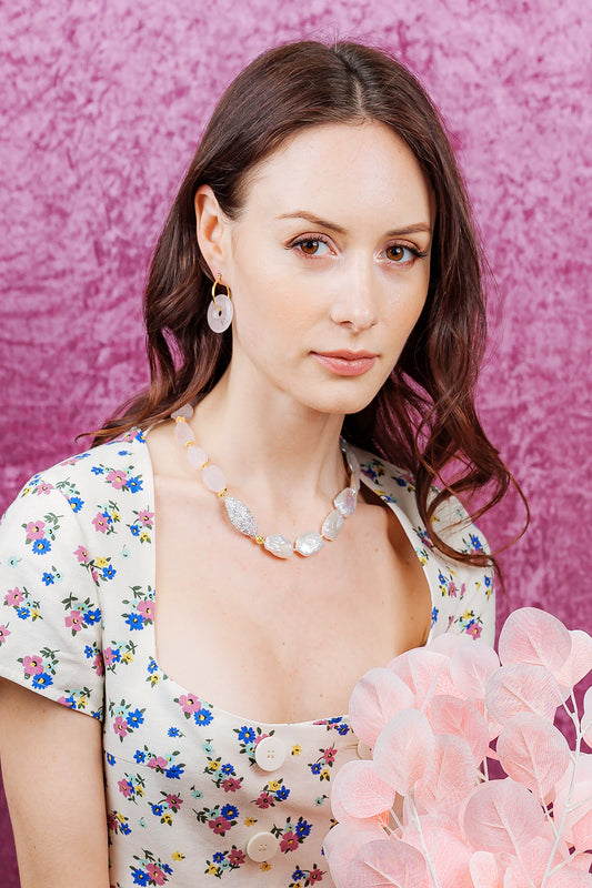 Rectangular Freshwater Pearls With Rose Quartz Necklace EN028 - FARRA