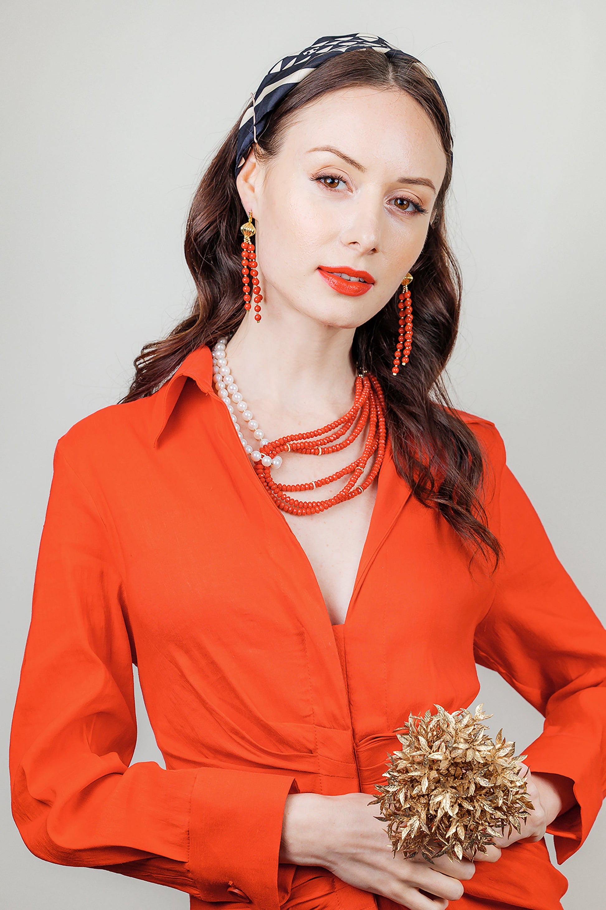 Red Corals With Freshwater Pearls Multi-Strands Necklace EN039 - FARRA