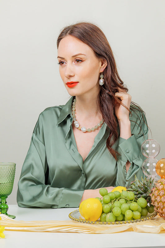 Prehnite with Baroque Pearl Short Necklace EN006 - FARRA