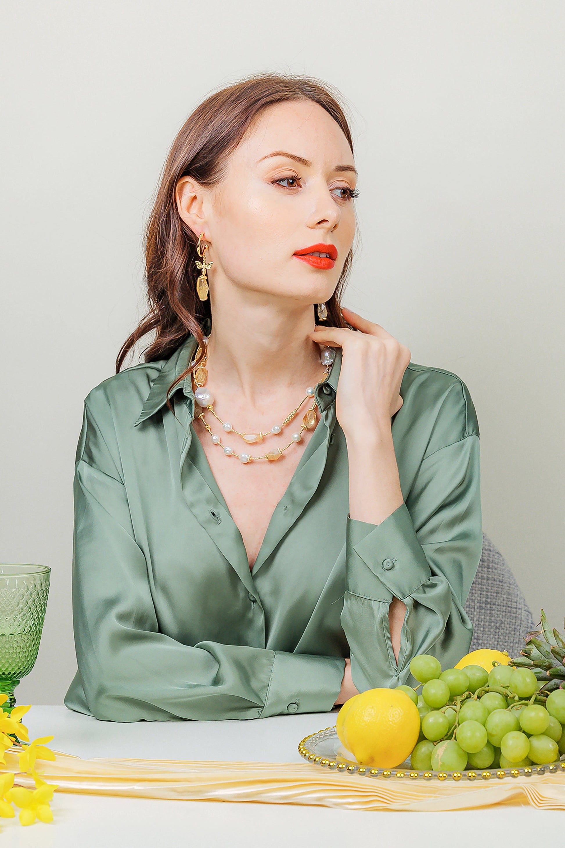 Citrine With Baroque Freshwater Pearl Long Necklace EN046 - FARRA