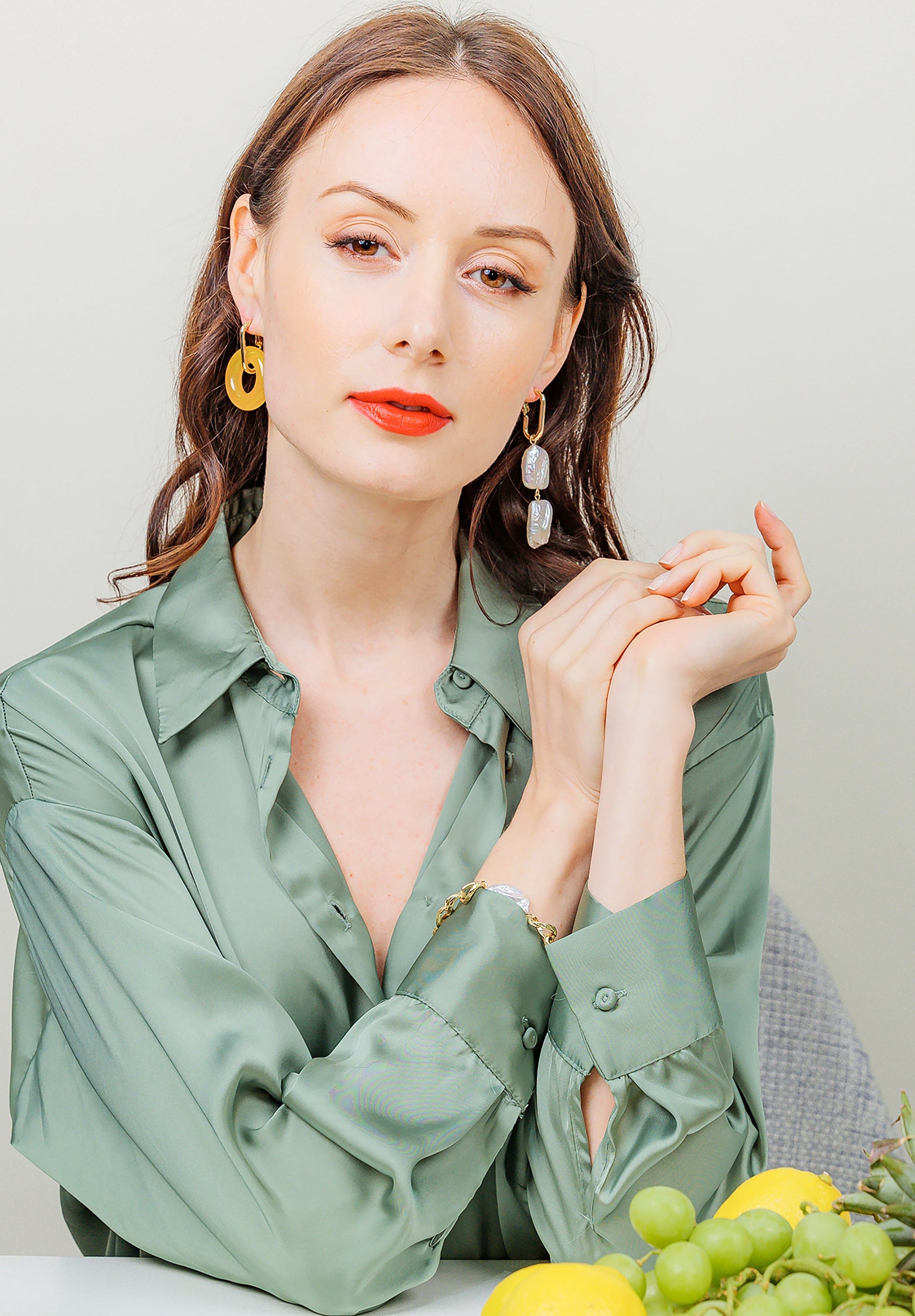 Donut Shaped Yellow Jade & Flat Freshwater Pearls Asymmetric Earrings EE045 - FARRA