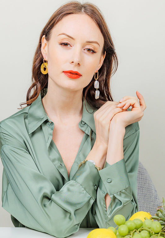 Donut Shaped Yellow Jade & Flat Freshwater Pearls Asymmetric Earrings EE045 - FARRA