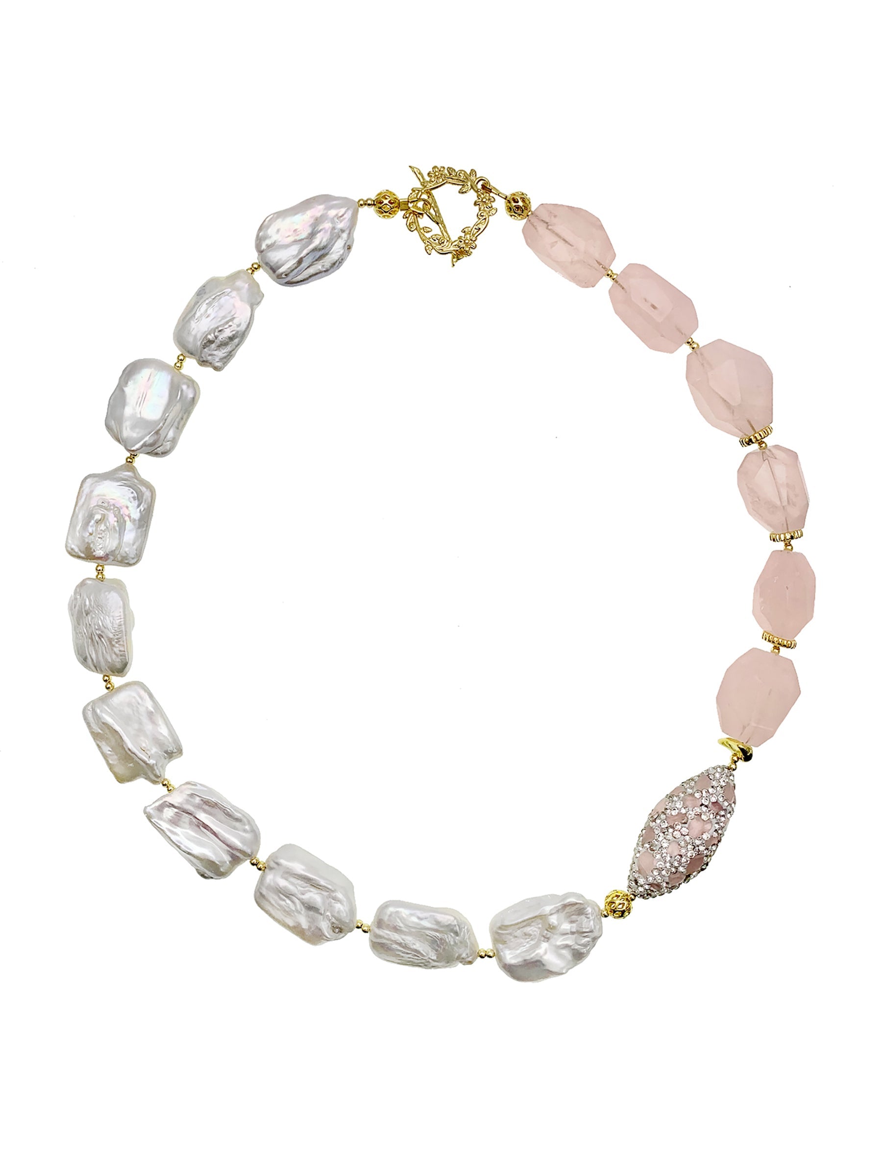 Rectangular Freshwater Pearls With Rose Quartz Necklace EN028 - FARRA