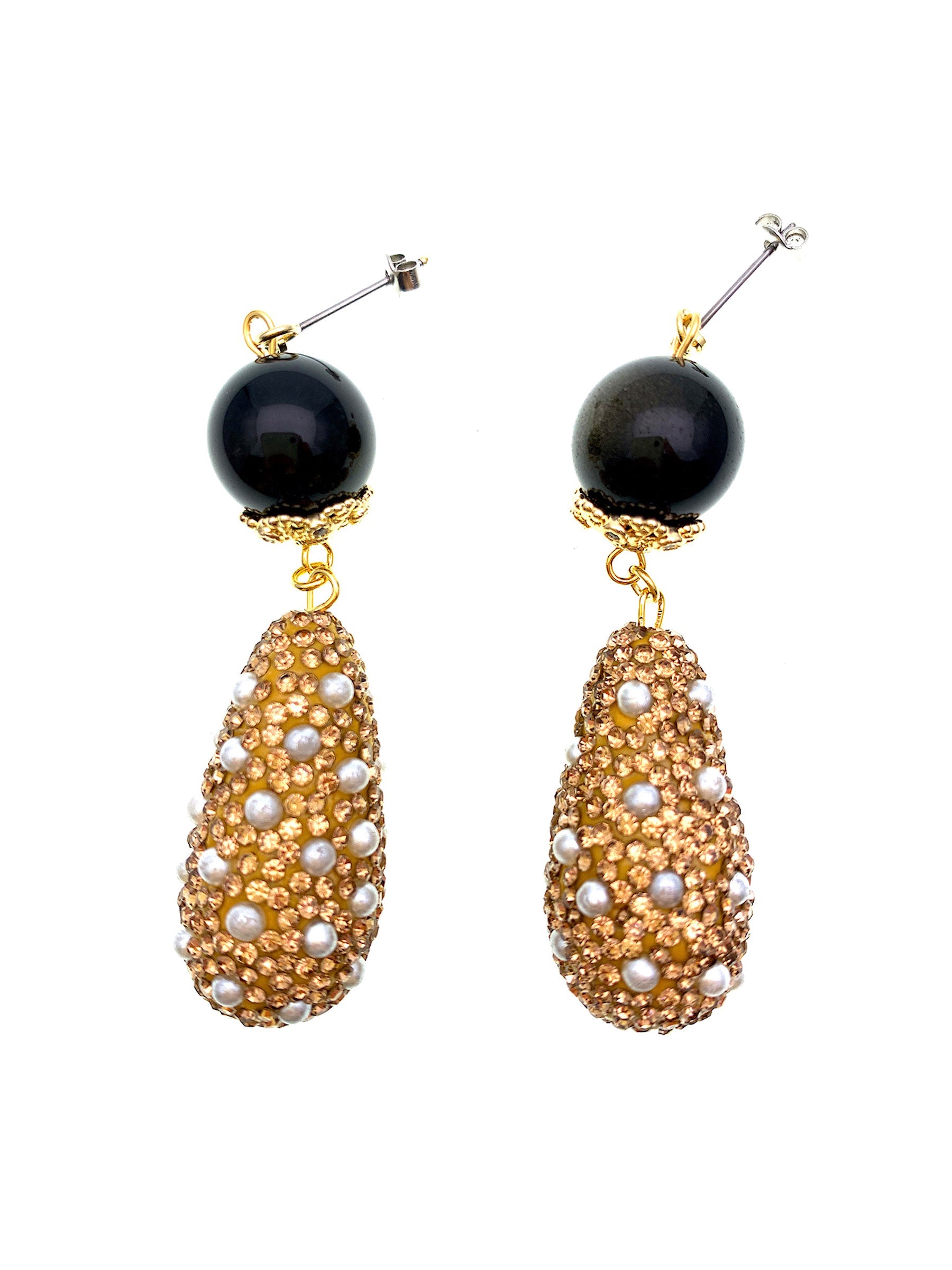 Black Obsidian With Rhinestones Dangle Earrings FE022 - FARRA