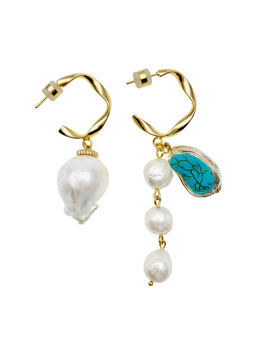 Freshwater Pearls With Turquoise Asymmetric Earrings EE008 - FARRA