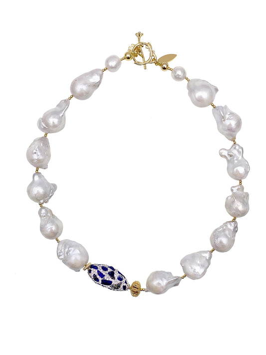 Baroque Pearls With Rhinestones Bordered Lapis Necklace EN019 - FARRA