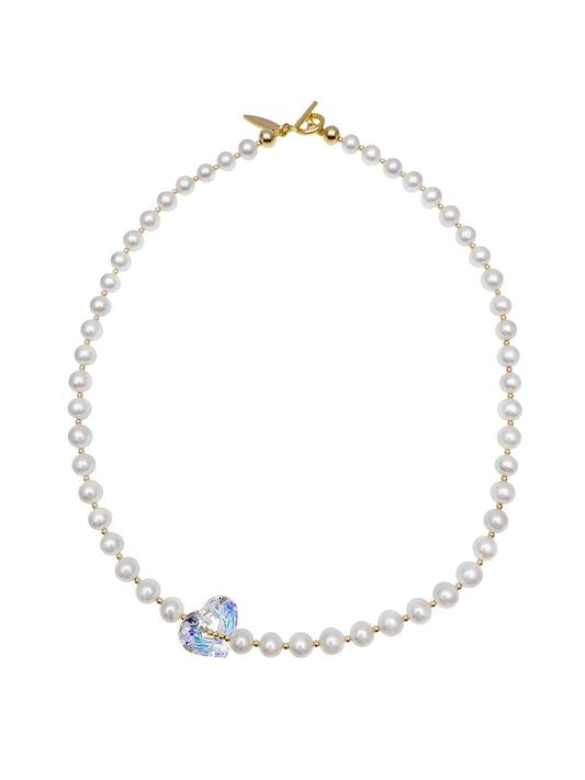 Freshwater Pearls With Swarovski Crystal Heart Charm Short Necklace EN043 - FARRA